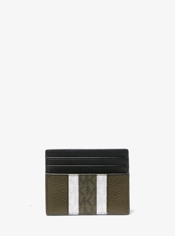 Panske Penazenky Michael Kors Hudson Logo Stripe Leather Tall Card Case Olivovo Zelená - Doplnky Michael Kors Obchod | PXJLR-9372
